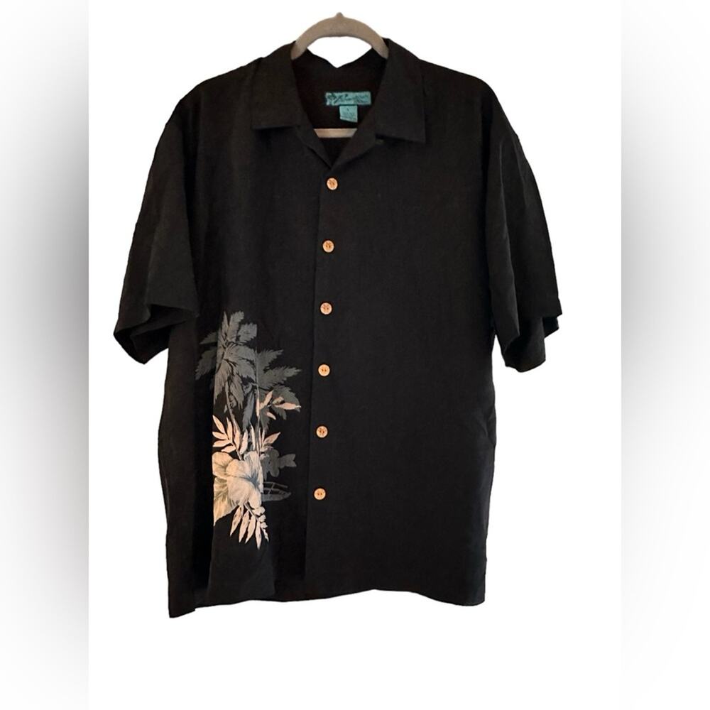 Paradise Blue Men's Black Button Front Silk Hawaiian Shirt, size L